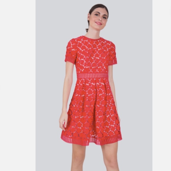 Shoshanna Red Beige Guipure Lace Fit Flare Cocktail Dress Nwt 4 - Picture 1 of 7